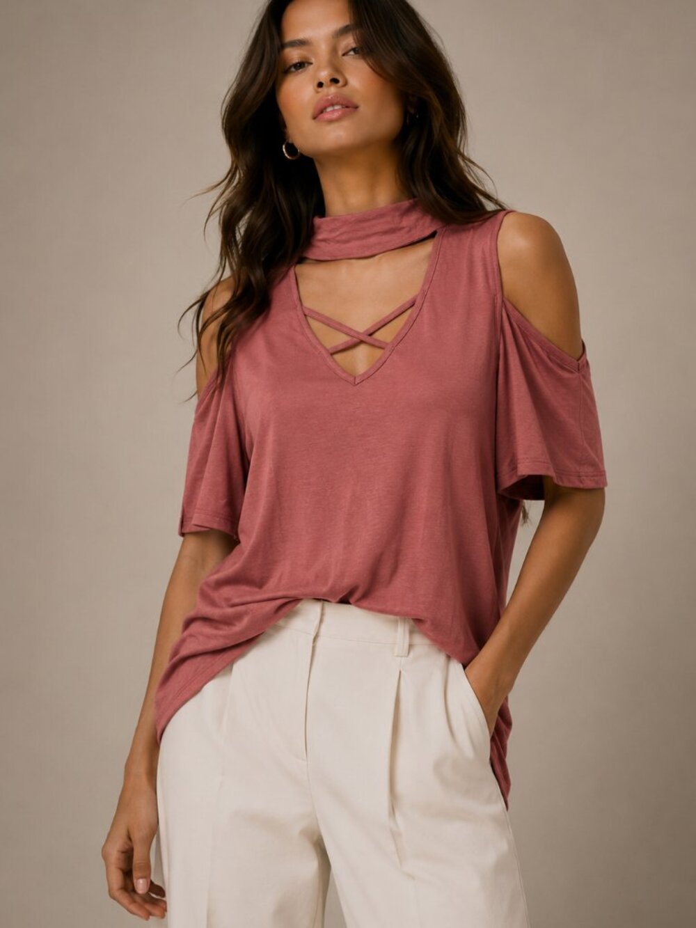 Snap Rust Choker Cold Shoulder Crisscross V-Neck Top Size XL